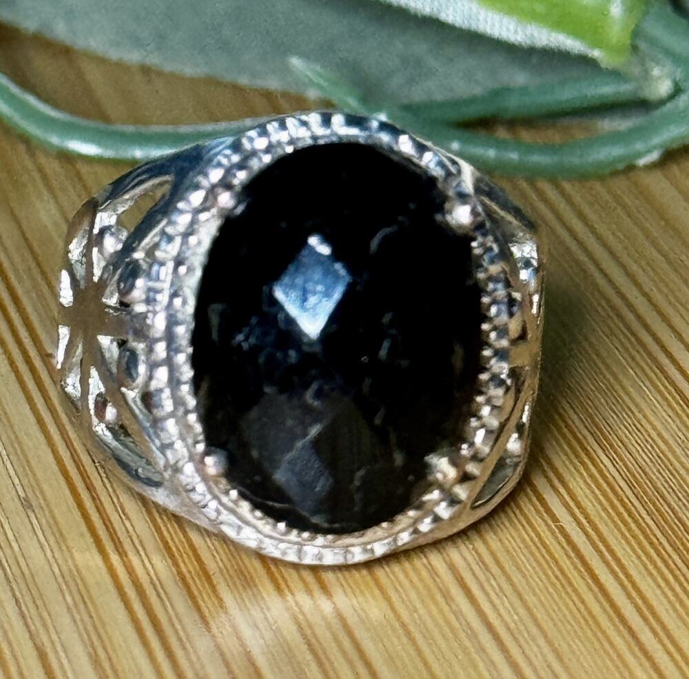 Vintage 925 Sterling Silver Faceted Black Onyx Filigree Statement Ring Size 7